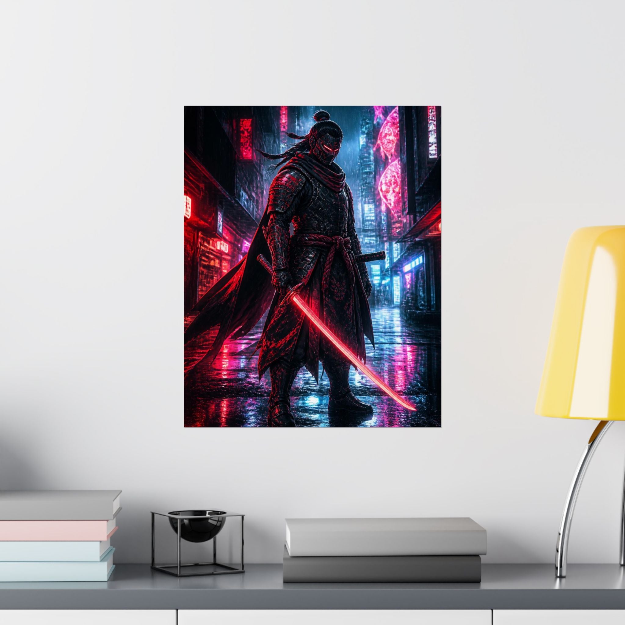 Cyber Samurai Poster — Neon City Warrior Vertical Art Print