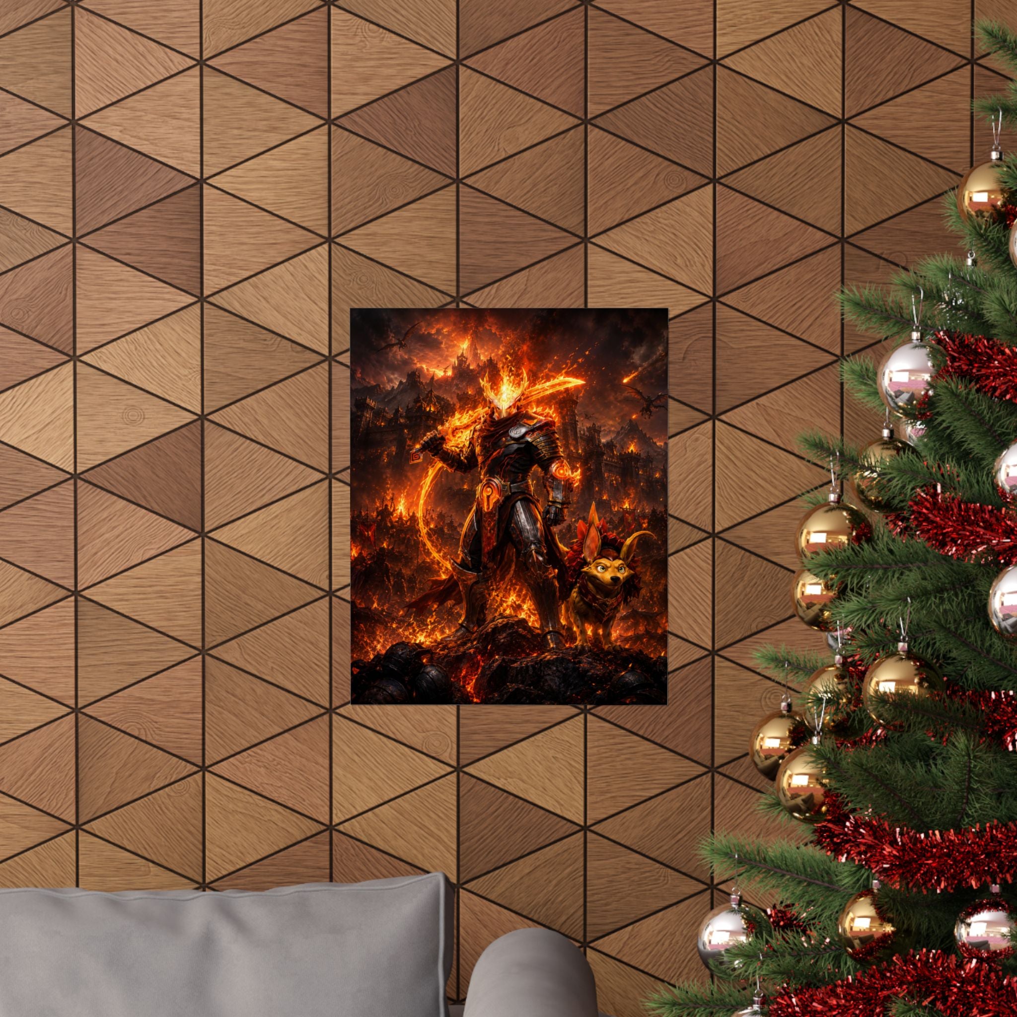 Fiery Warrior Dota Moba Inspired Fantasy Poster – Lava Knight with Flame Hound Matte Vertical Art