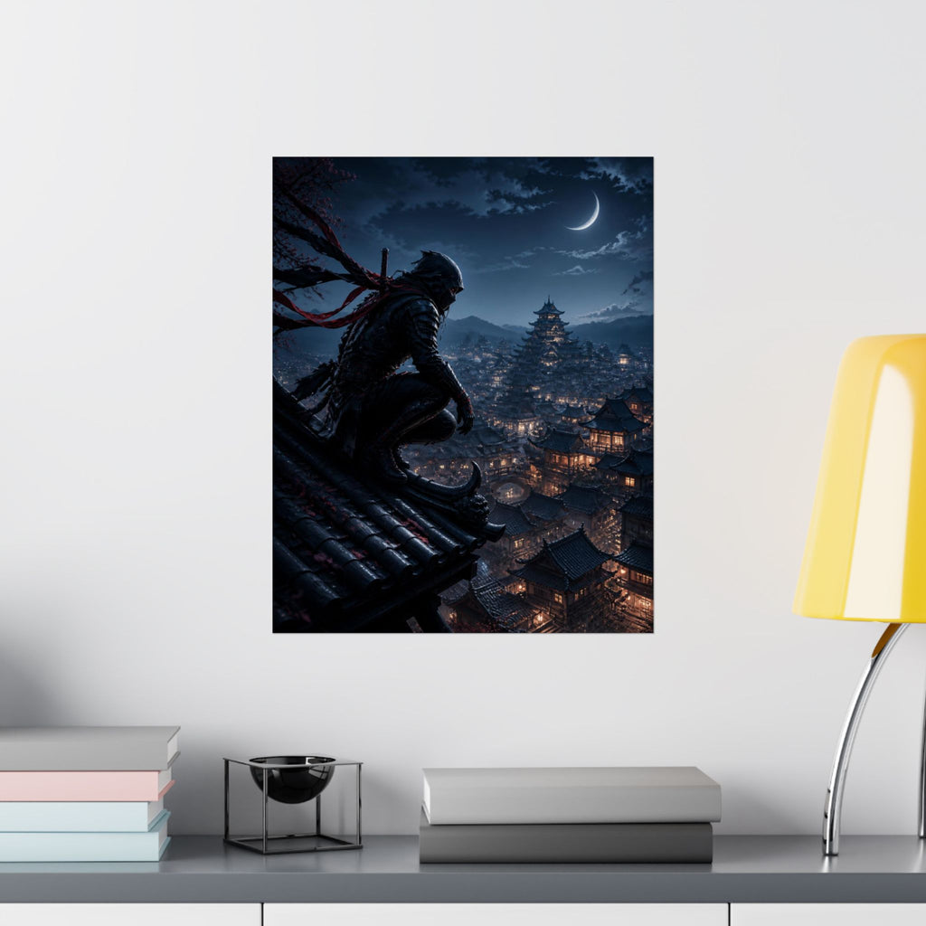 Ninja Nightwatch Vertical Poster — Moonlit Samurai City Wall Art