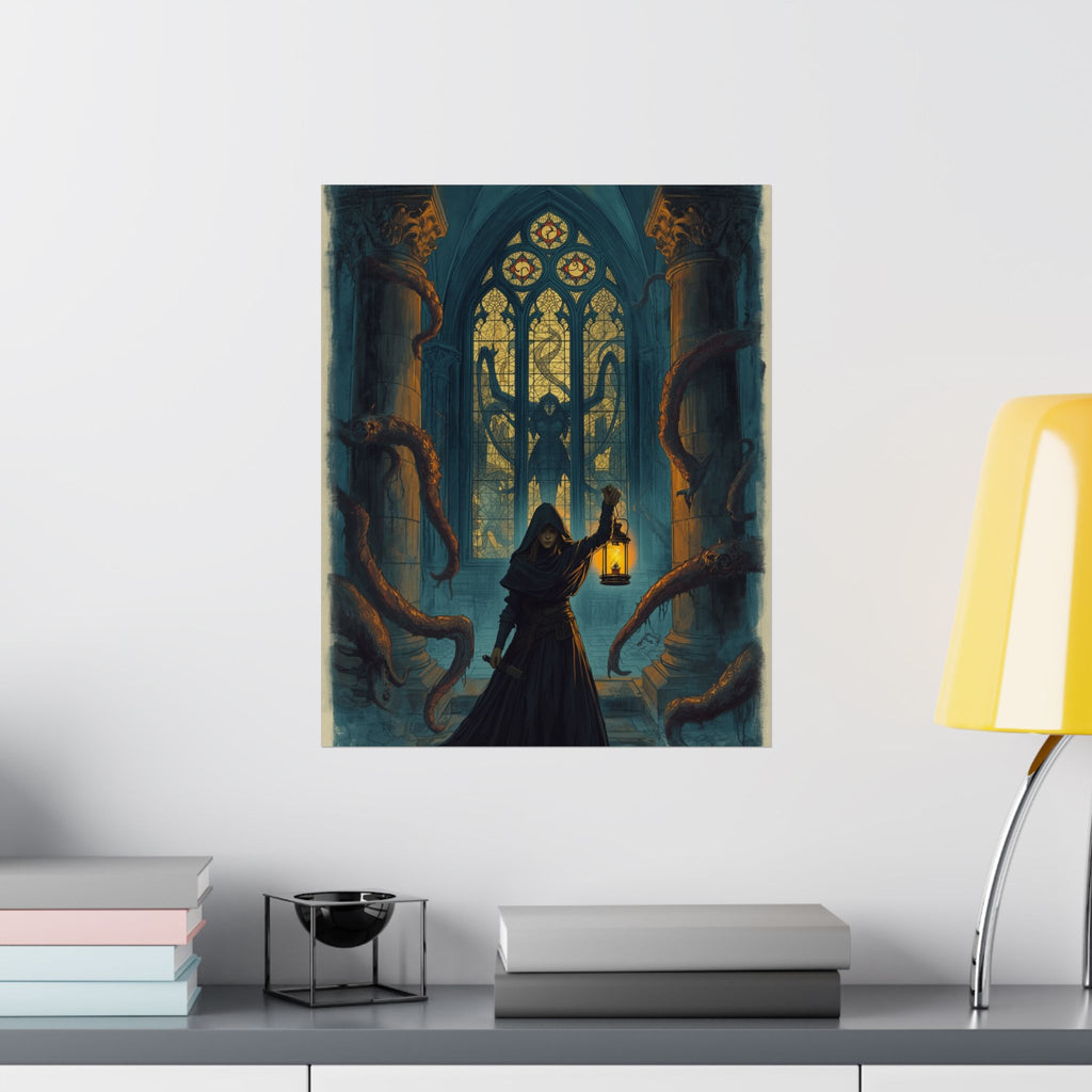 Gothic Lantern Poster — Hooded Explorer in Cathedral with Tentacles