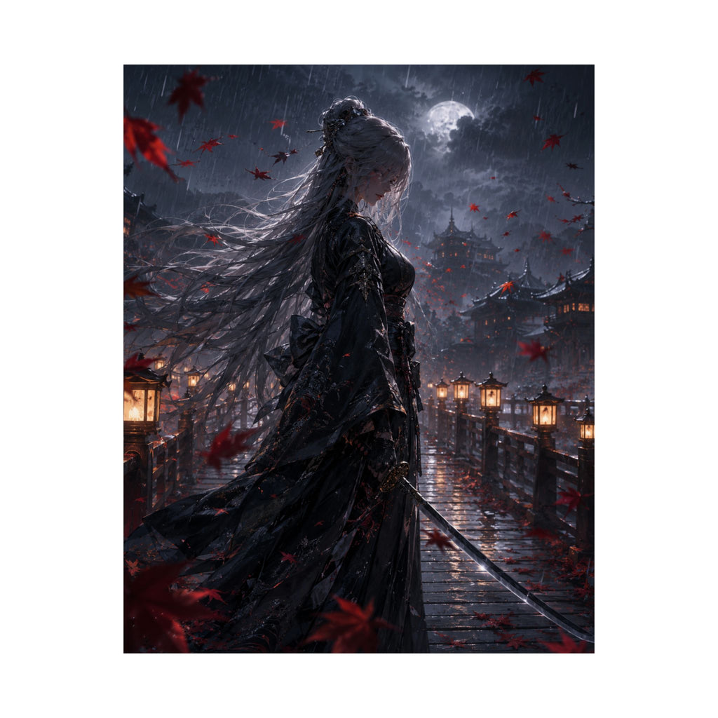 Moonlit Samurai Woman Poster | Matte Vertical Poster, Dark Fantasy, Rainy Night