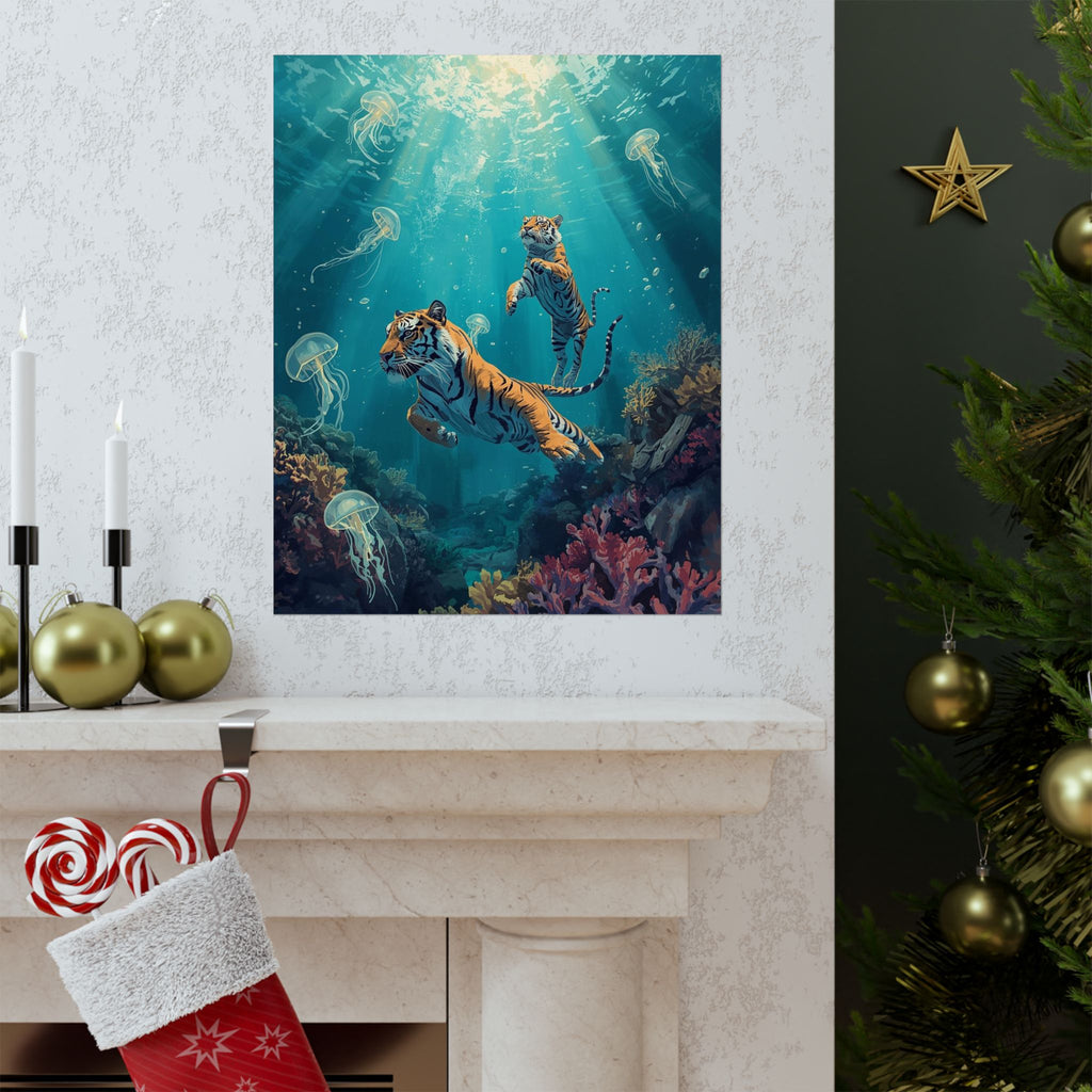 Underwater Tiger Adventure Posters, Ocean Decor, Animal Print Art, Jungle Wall Art, Gifts for Animal Lovers, Underwater Wall Aesthetic