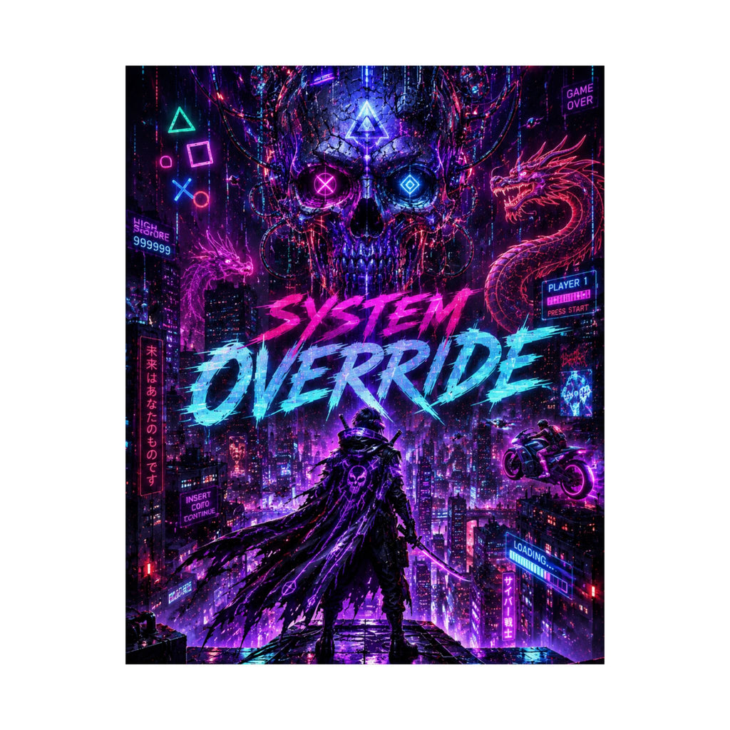 System Override Cyberpunk Poster — Neon Soaked Gaming Art