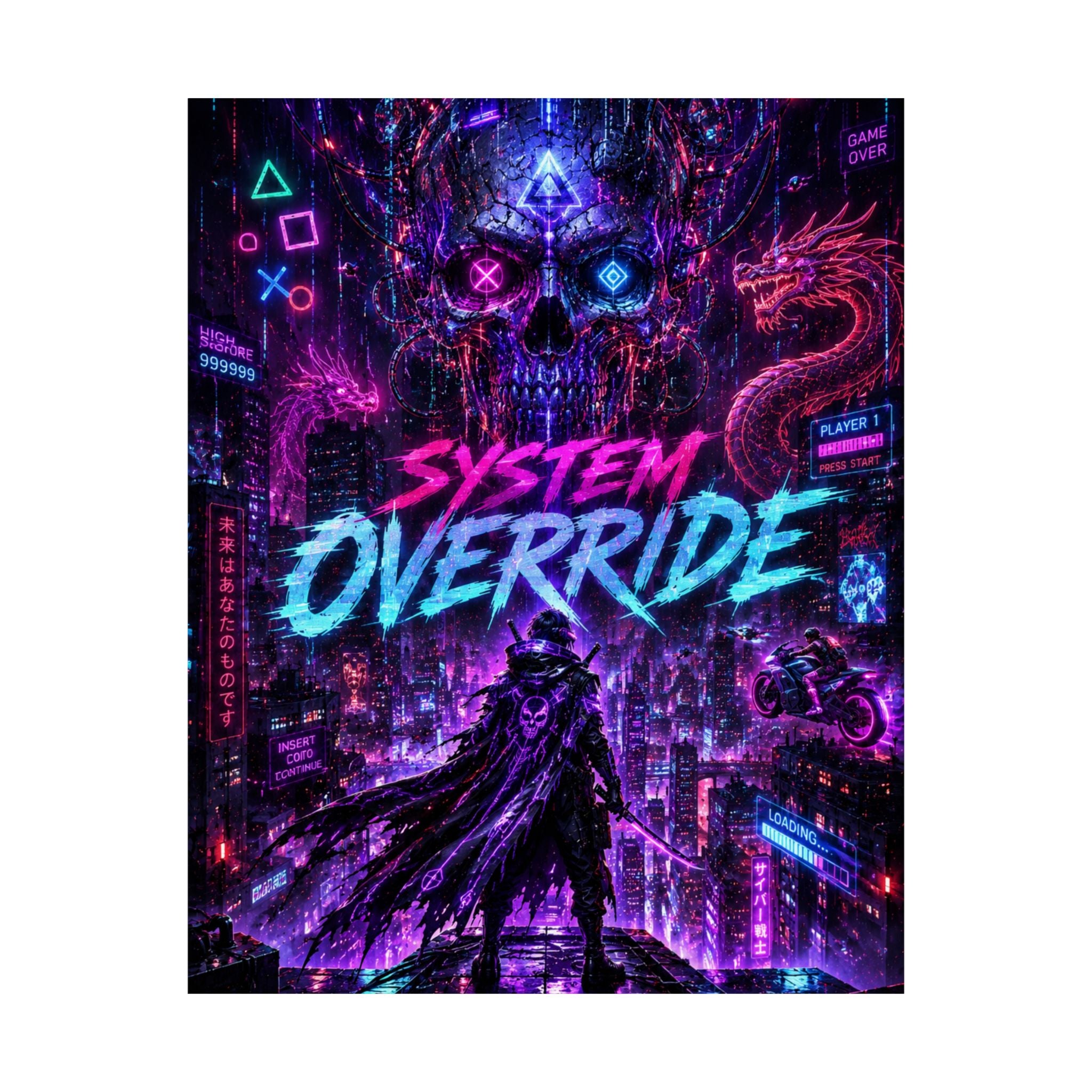 System Override Cyberpunk Poster — Neon Soaked Gaming Art