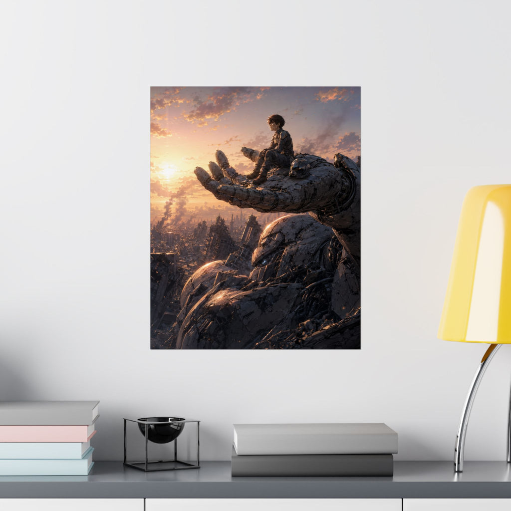 Boy on Giant Robot Hand Poster | Matte Vertical Poster, Fantasy Sunset