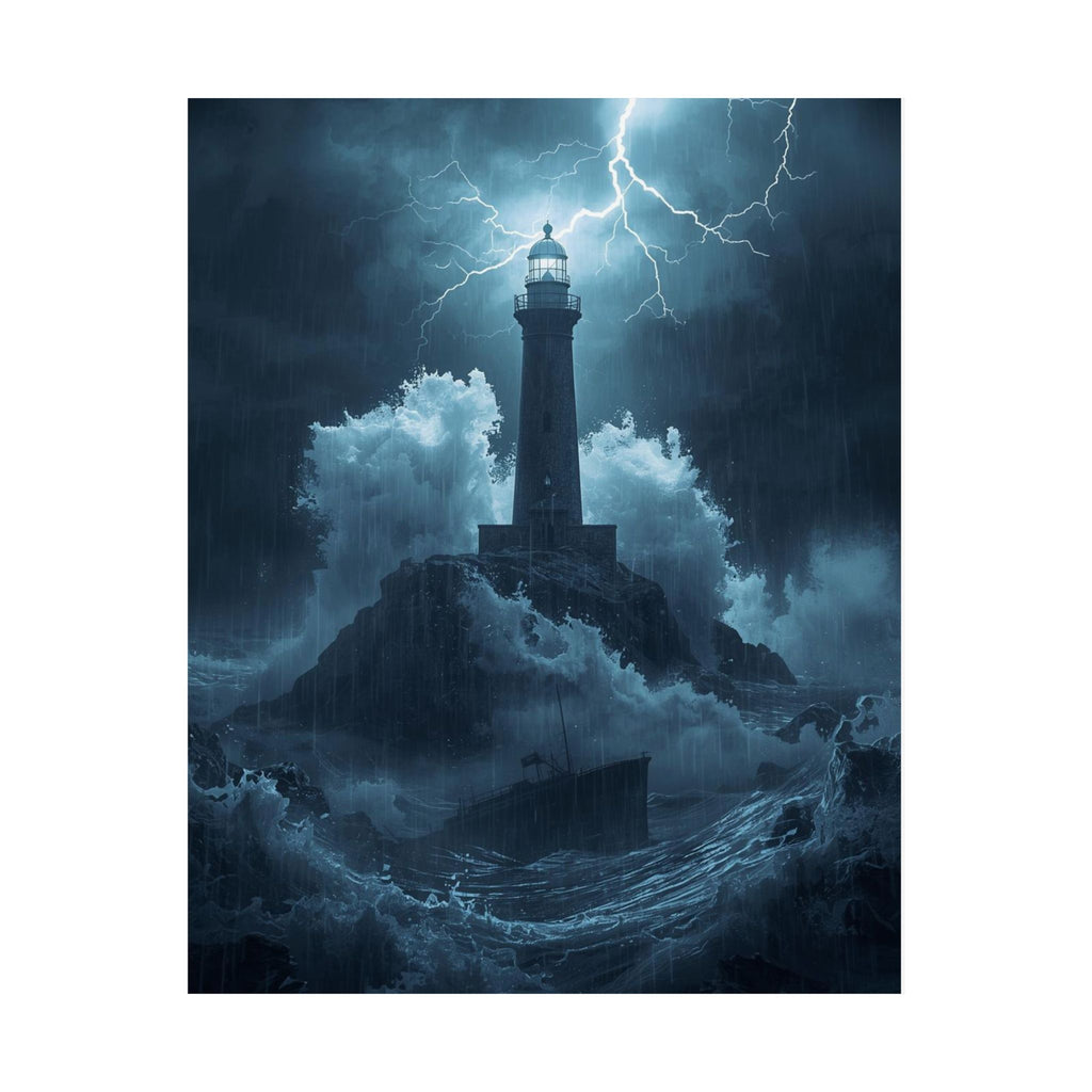 Lighthouse in Storm Poster — Moody Nautical Wall Art