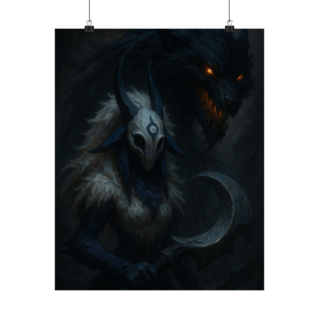 Dark Fantasy Poster - Crescent Blade Raven Mask Warrior Matte Vertical Art Print
