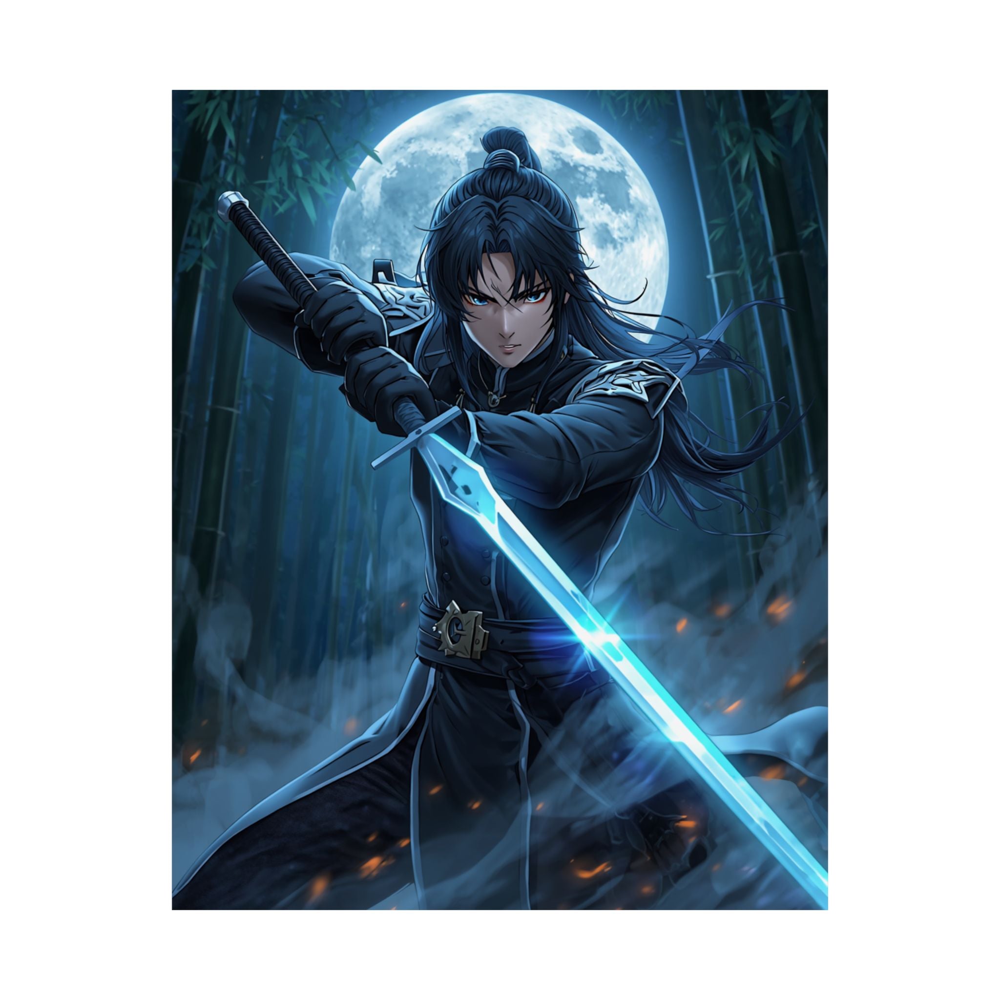Samurai Moonlit Sword Poster — Anime Warrior Matte Vertical Art Print
