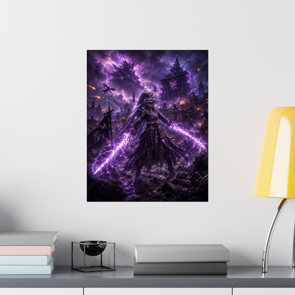Dark Fantasy Dota Samurai Poster — Purple Lightning Warrior Matte Vertical Print