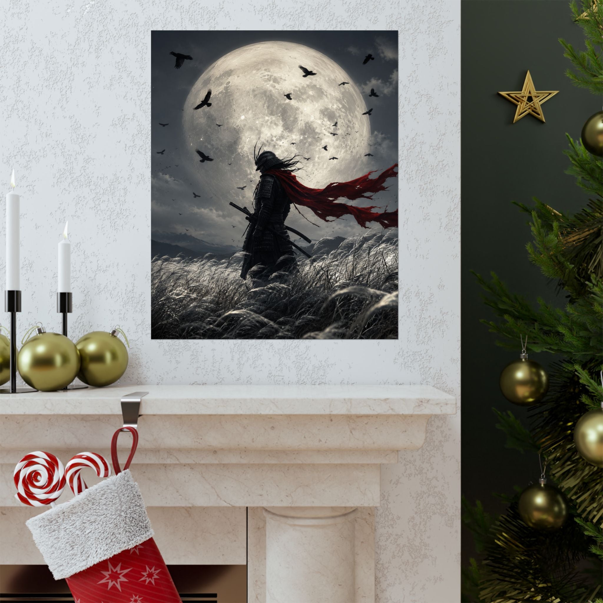 Samurai Moonlight Matte Poster | Dark Fantasy, Red Scarf, Full Moon