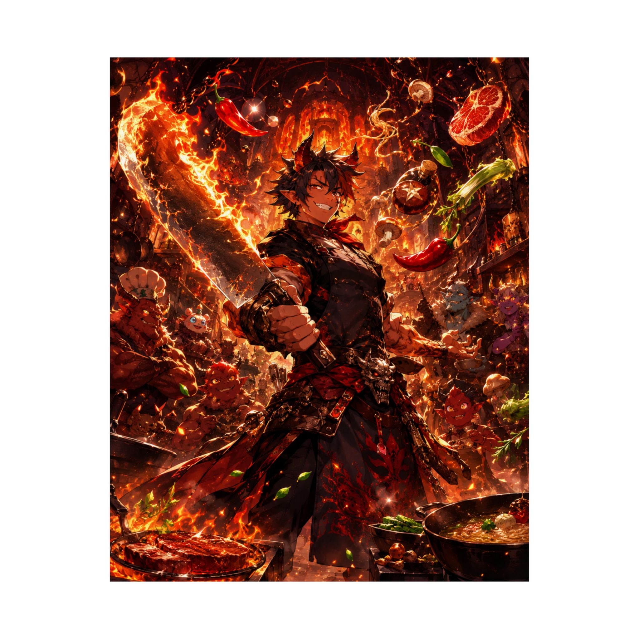 Fiery Anime Chef Matte Vertical Poster | Spicy Cooking Illustration