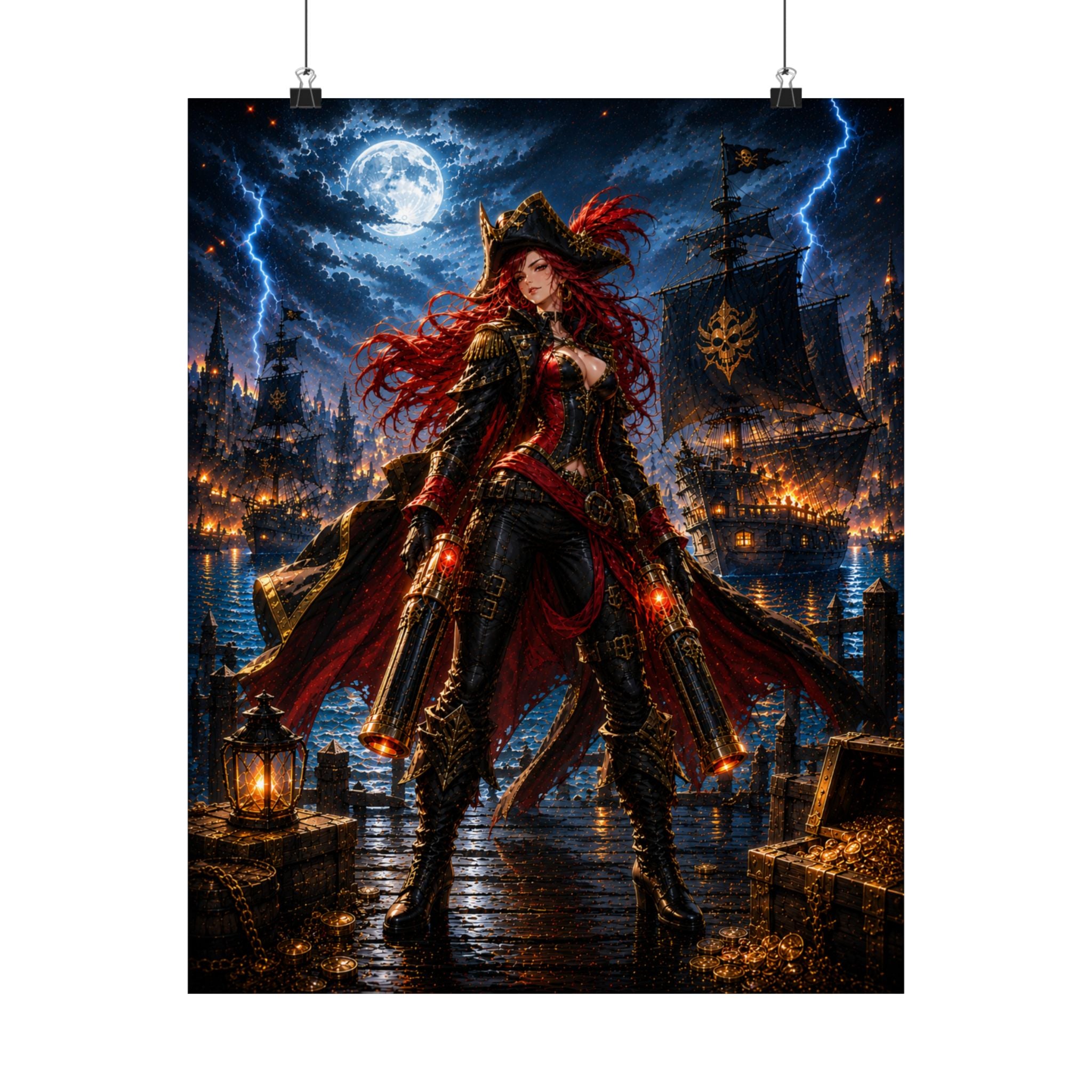Crimson Pirate Witch Gaming Poster — Gothic Fantasy Gaming Wall Art