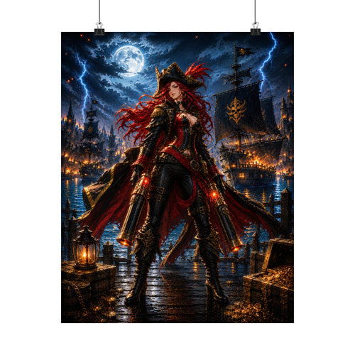 Crimson Pirate Witch Gaming Poster — Gothic Fantasy Gaming Wall Art