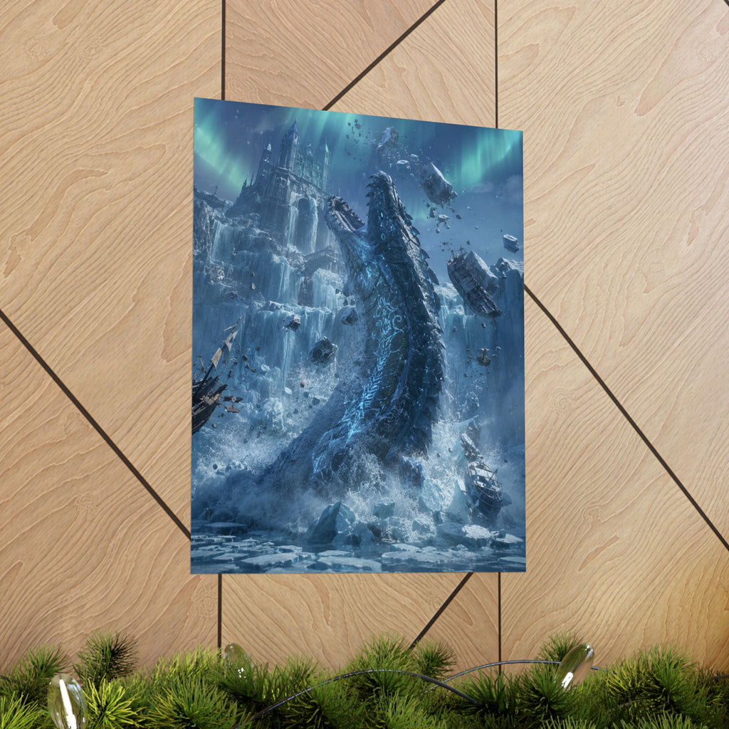 Ice Dragon Rising Poster | Fantasy Kraken Creature Matte Vertical Print