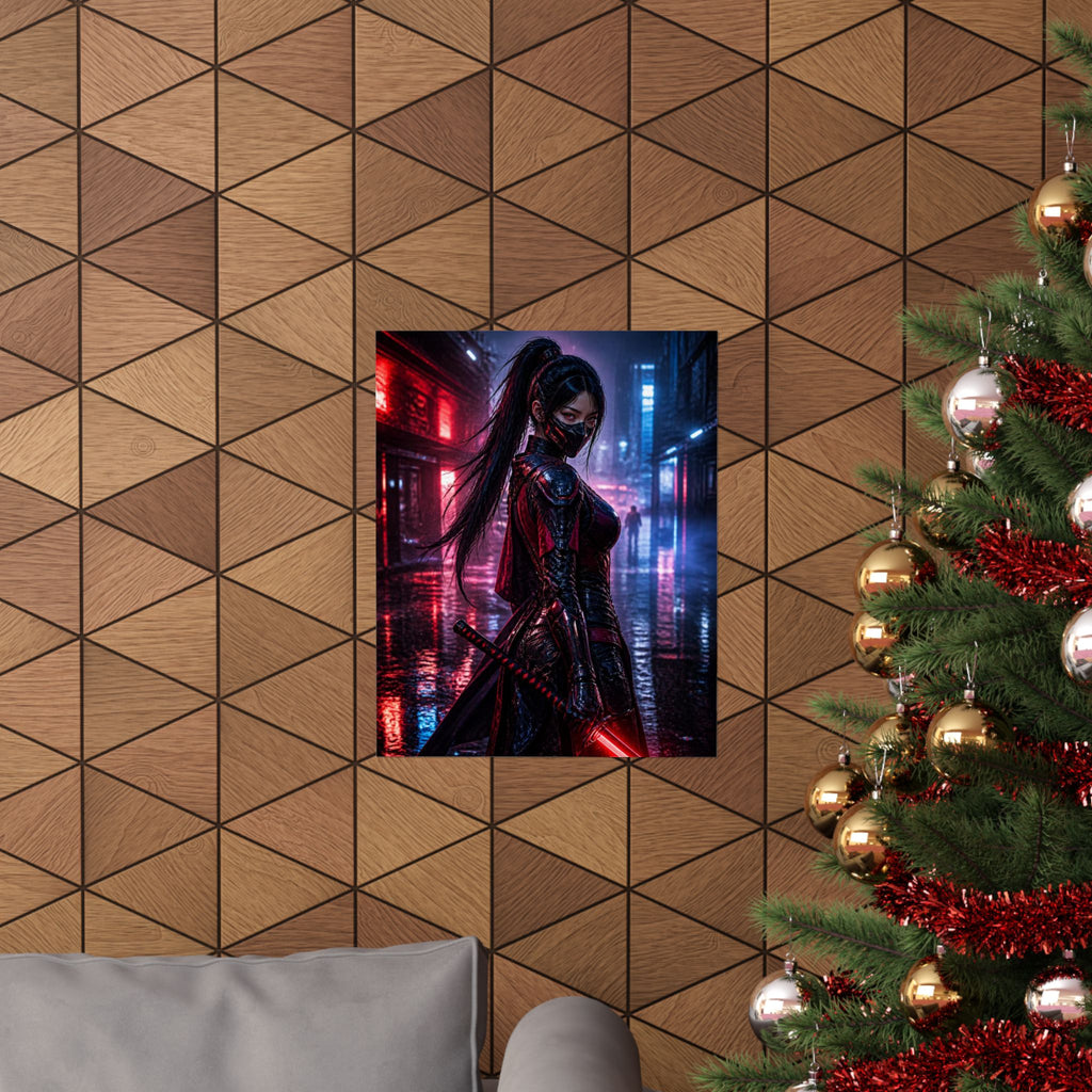 Cyberpunk Samurai Poster — Neon Night Female Warrior Vertical Print