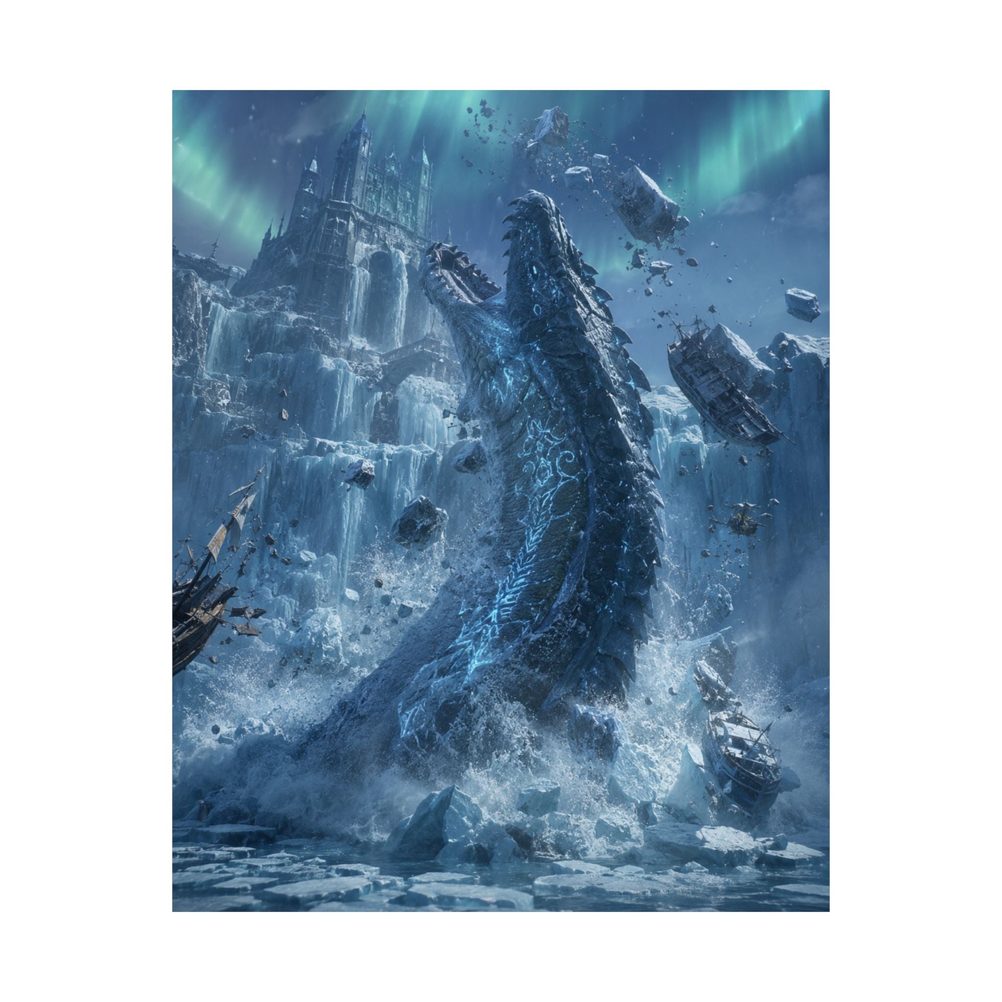 Ice Dragon Rising Poster | Fantasy Kraken Creature Matte Vertical Print