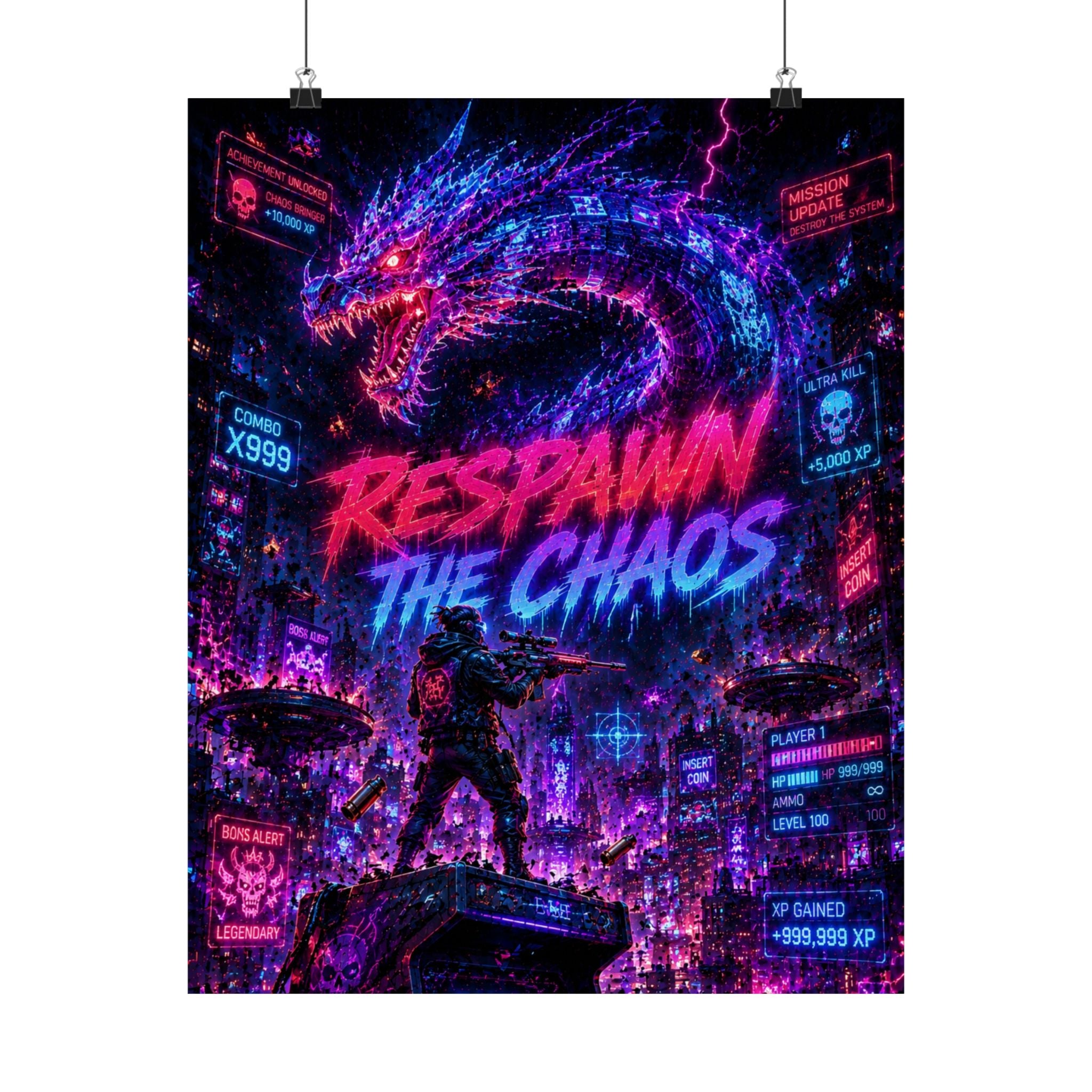 Respawn the Chaos Gaming Poster — Neon Cyberpunk Dragon Gaming Art