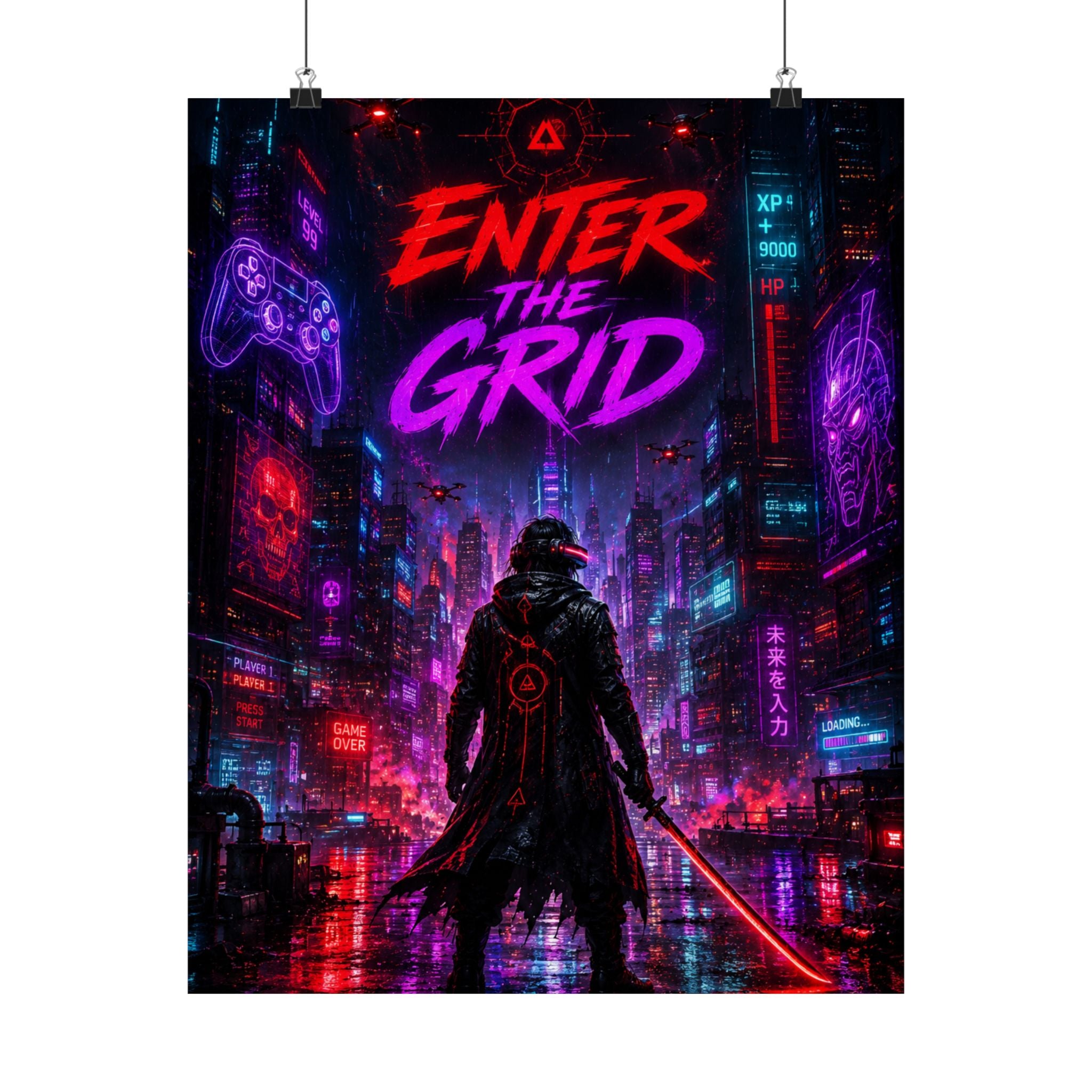 Enter the Grid Neon Cyberpunk Gaming Poster