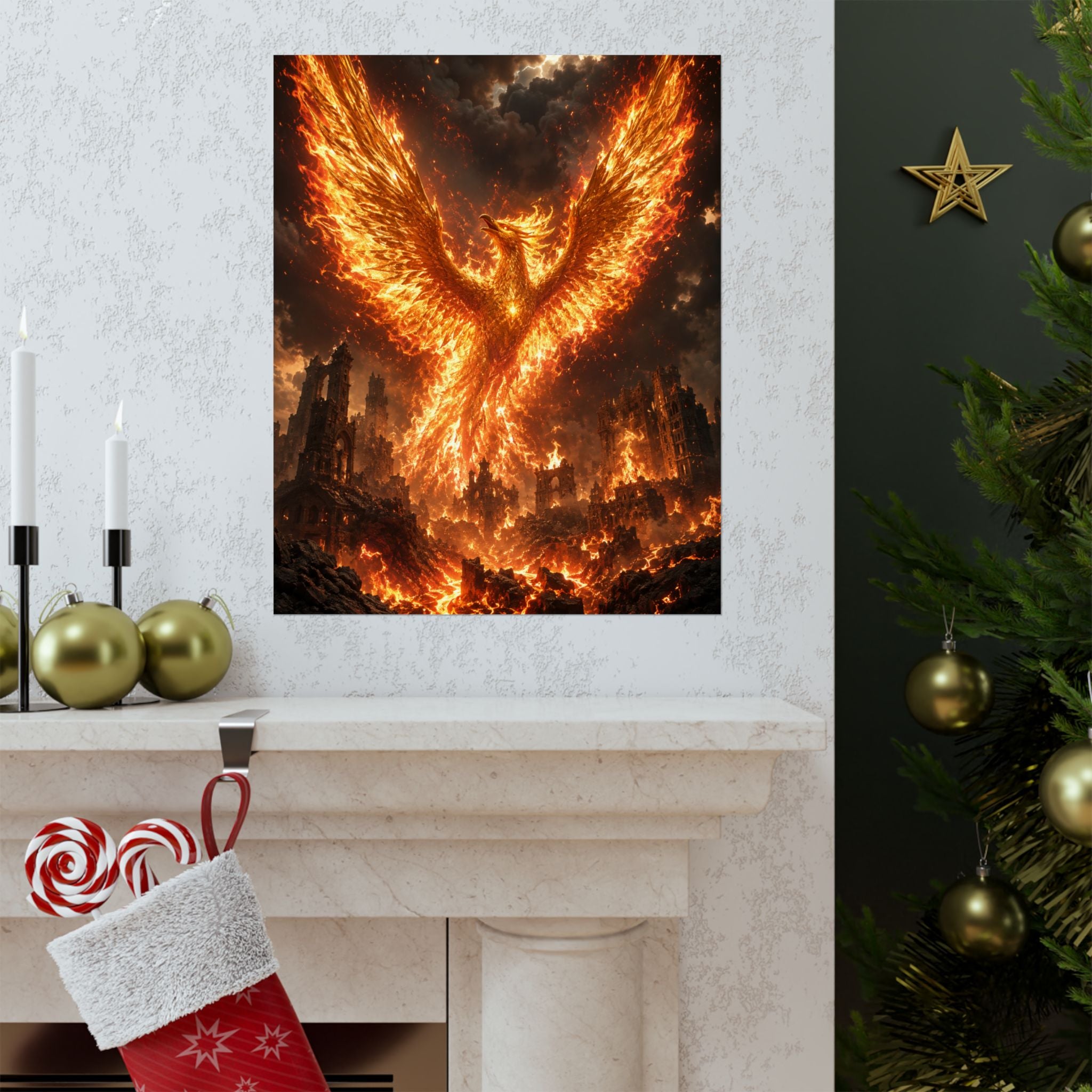 Fiery Phoenix Rising Matte Vertical Poster | Mythical Bird Wall Art