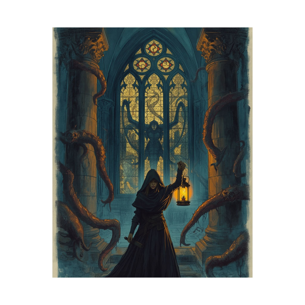 Gothic Lantern Poster — Hooded Explorer in Cathedral with Tentacles