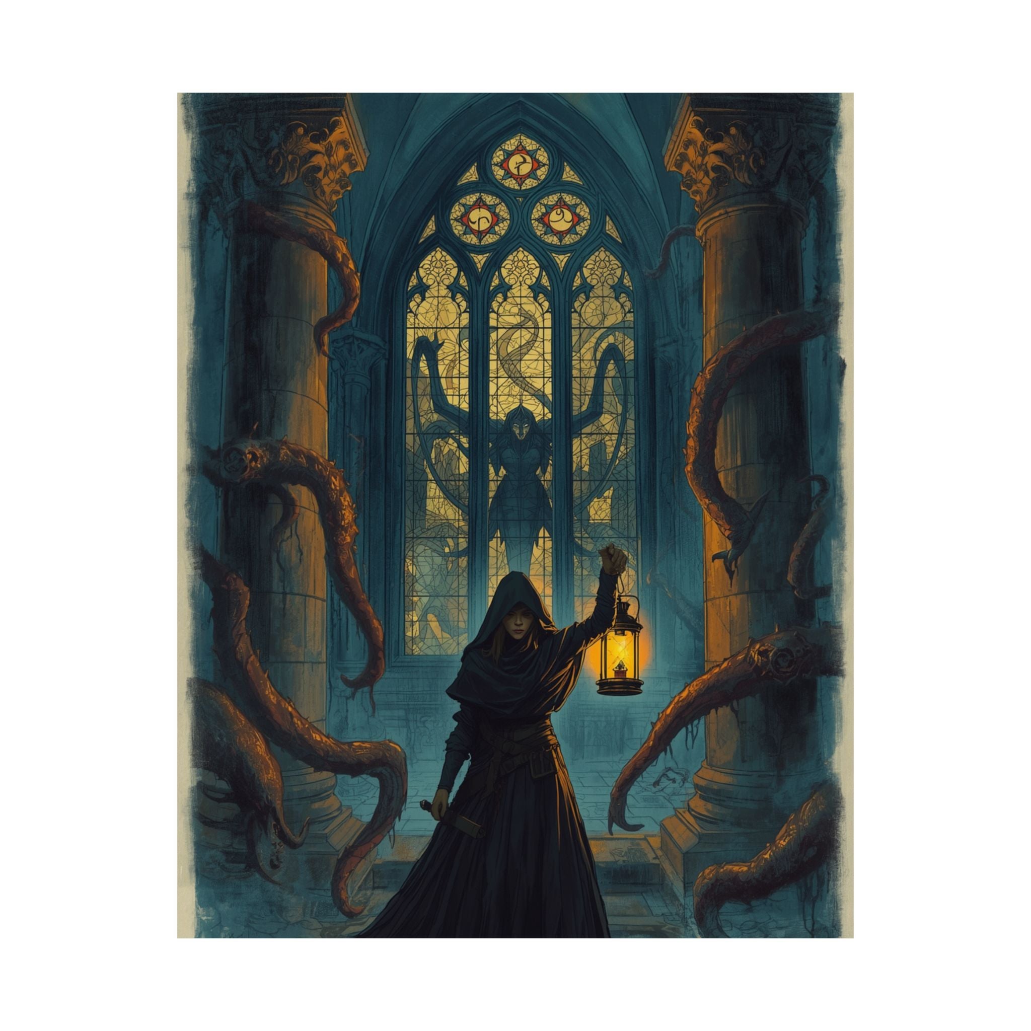 Gothic Lantern Poster — Hooded Explorer in Cathedral with Tentacles