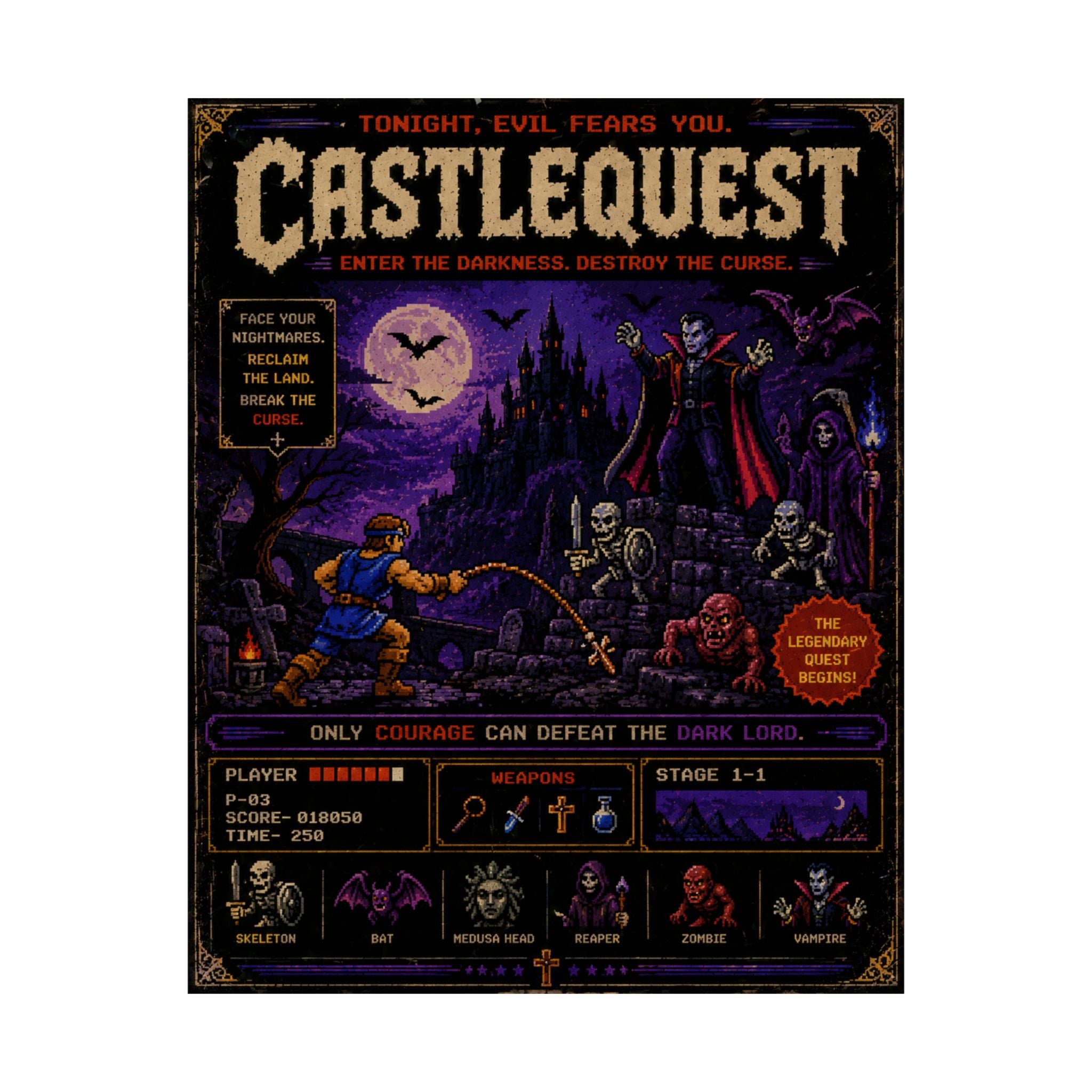 Castlequest Retro Gaming Poster — Vintage Pixel Horror Wall Art