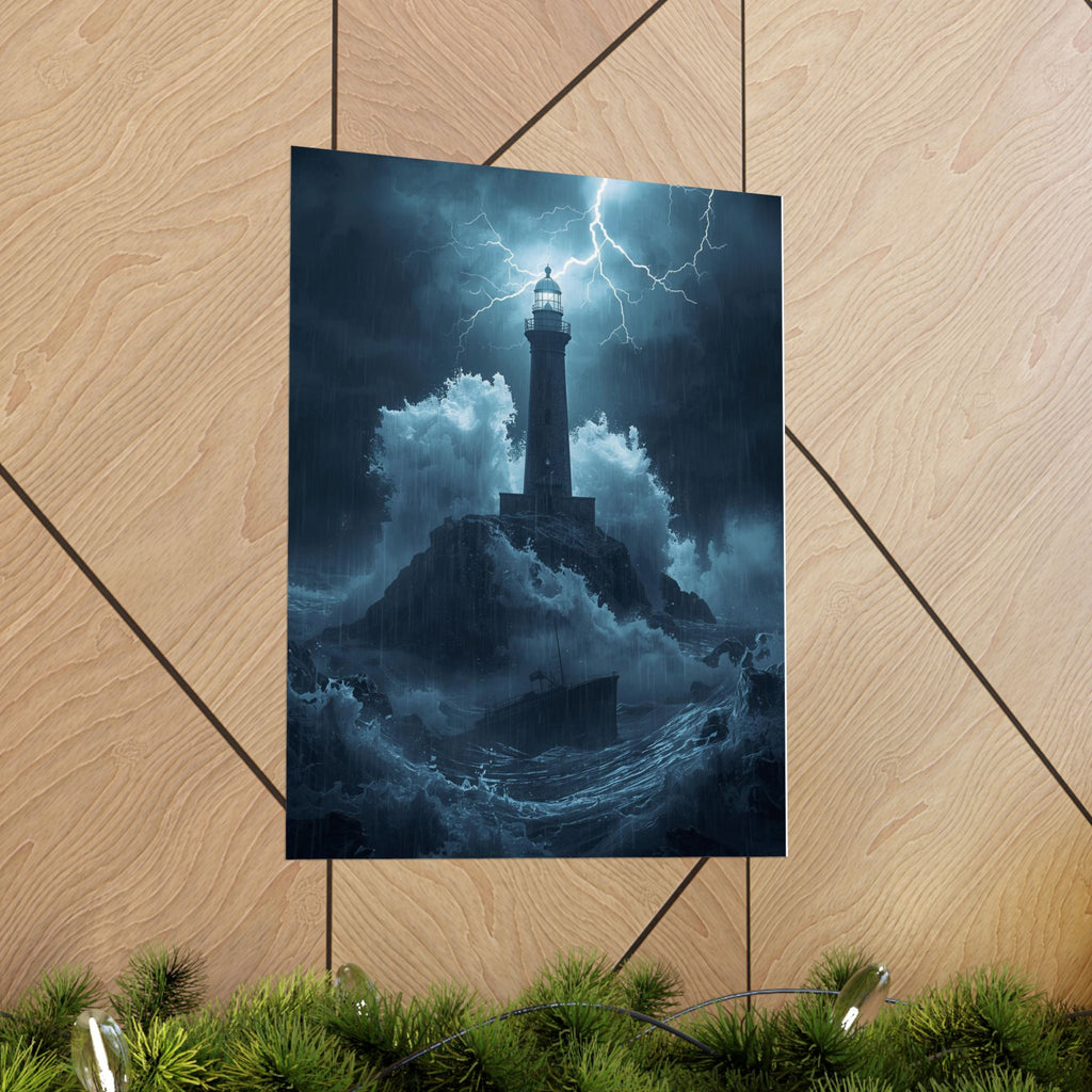 Lighthouse in Storm Poster — Moody Nautical Wall Art
