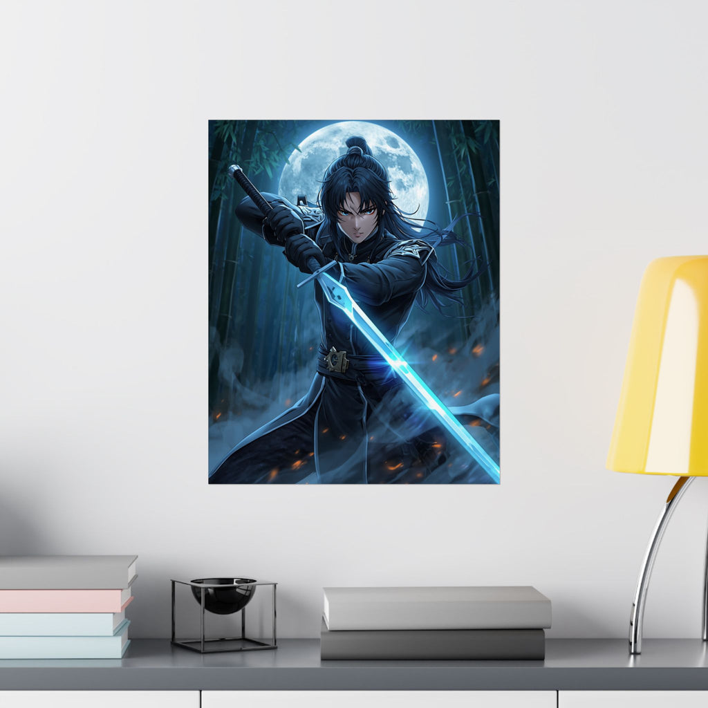 Samurai Moonlit Sword Poster — Anime Warrior Matte Vertical Art Print