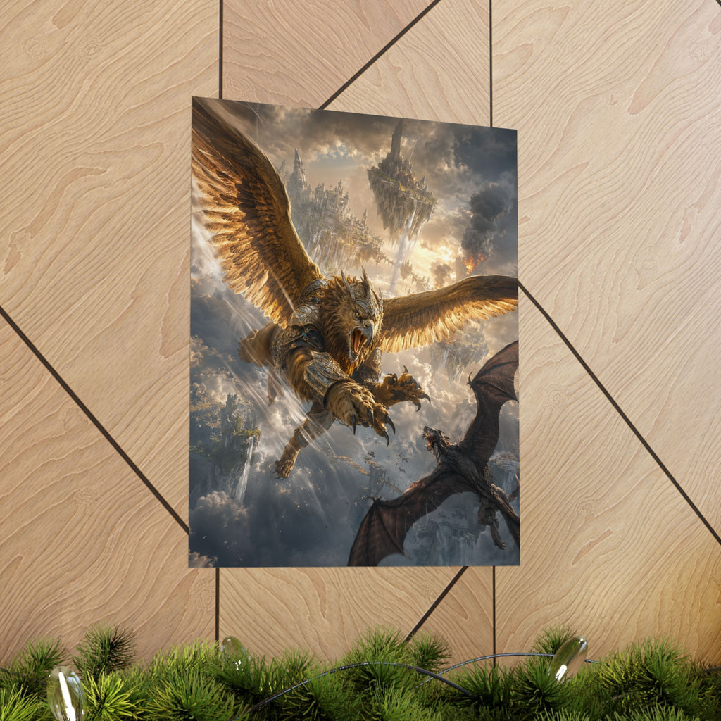 Gryphon vs Dragon Matte Vertical Poster | Fantasy Battle Wall Art