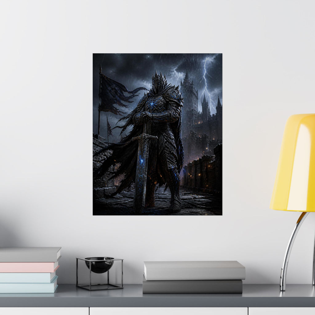 Dark Fantasy Knight Poster — Gothic Castle, Lightning & Armored Warrior