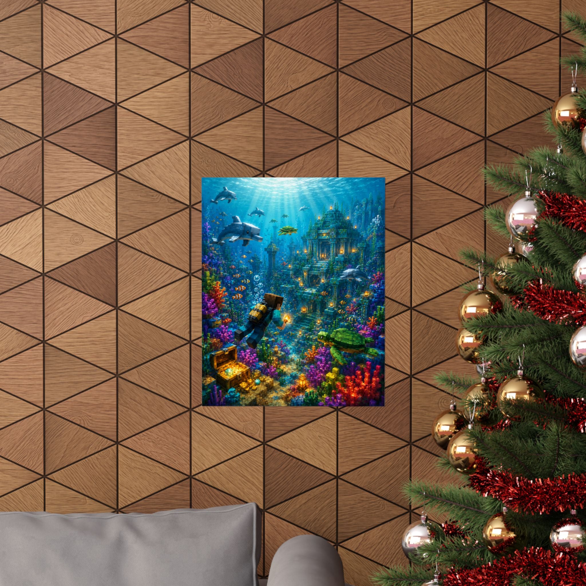 Underwater Treasure Poster — Sunlit Ocean Ruins Matte Vertical Art