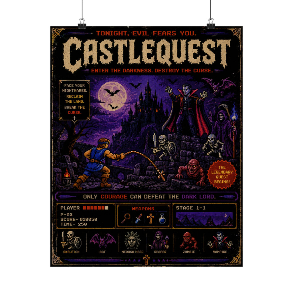 Castlequest Retro Gaming Poster — Vintage Pixel Horror Wall Art