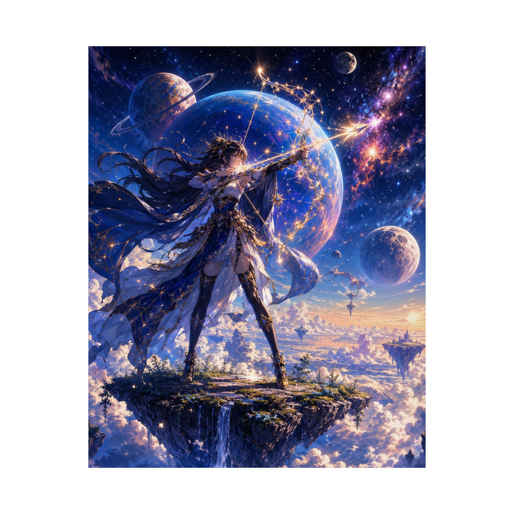 Female Space Warrior fantasy art Matte Vertical Poster | celestial planets, floating island