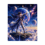 Female Space Warrior fantasy art Matte Vertical Poster | celestial planets, floating island