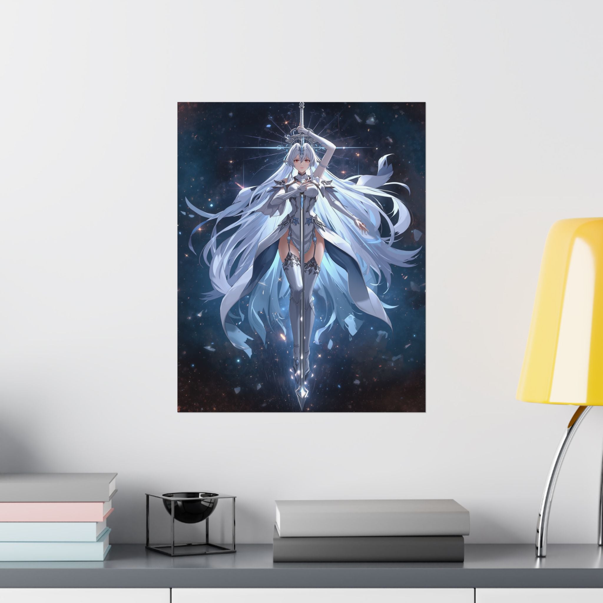 Fantasy Anime Sword Maiden Poster — Ethereal White-Haired Warrior Wall Art