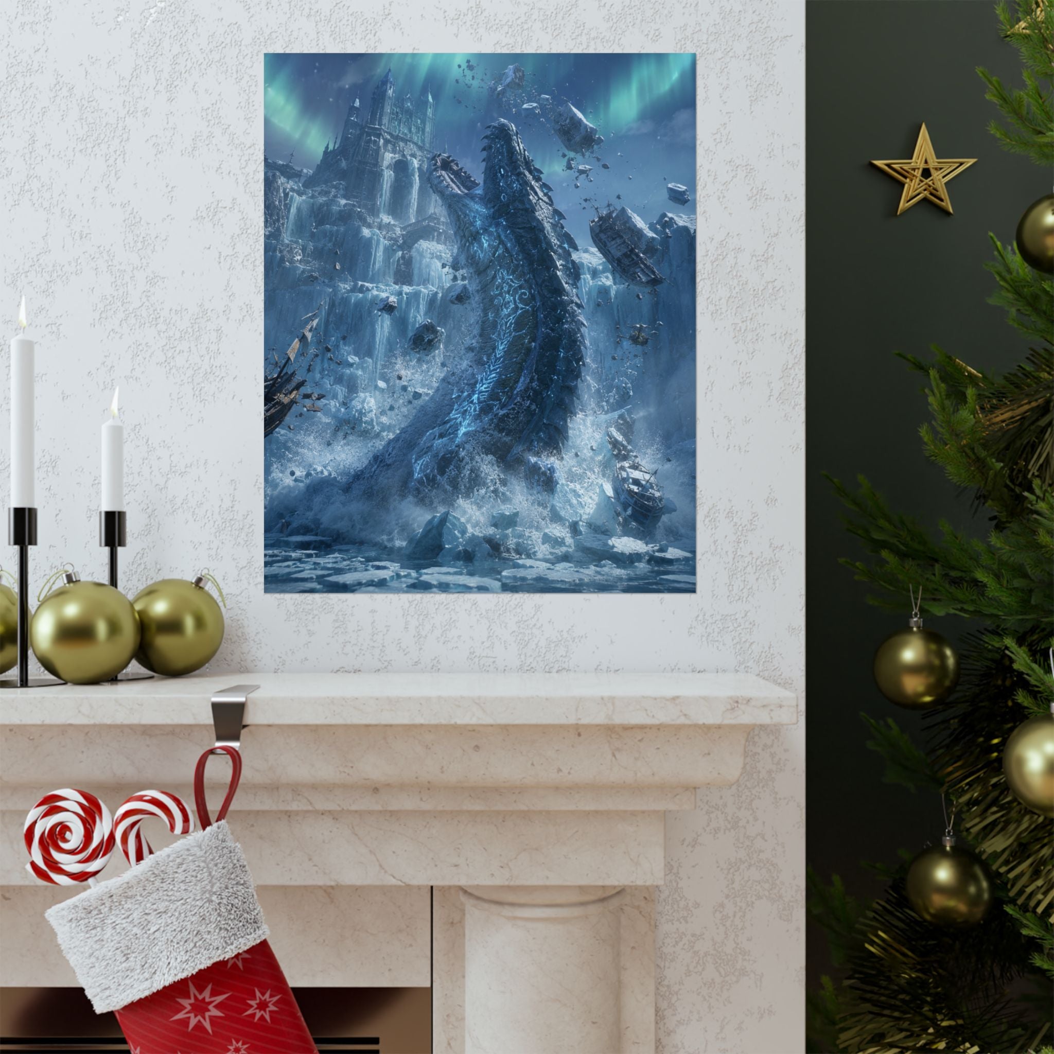 Ice Dragon Rising Poster | Fantasy Kraken Creature Matte Vertical Print