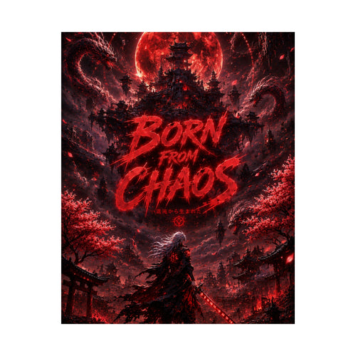 Born From Chaos Gaming Poster — Dark Fantasy Red Samurai Gaming Wall Art