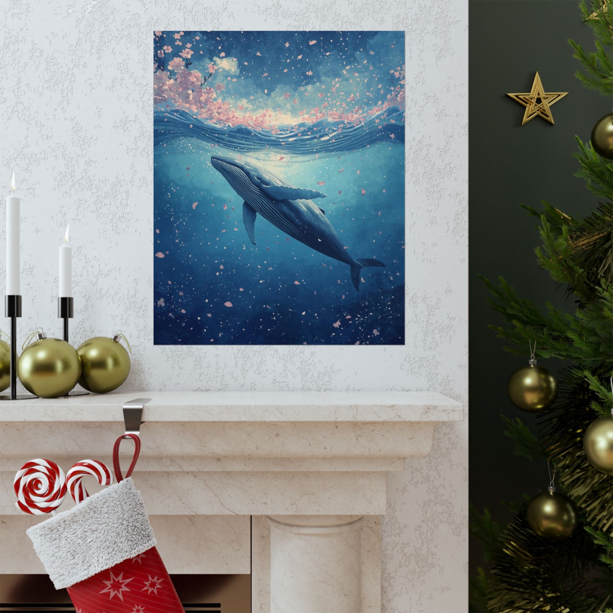 Whale Art Poster, Underwater Wall Décor, Ocean Lover Gift, Floral Nature Print, Home Decoration