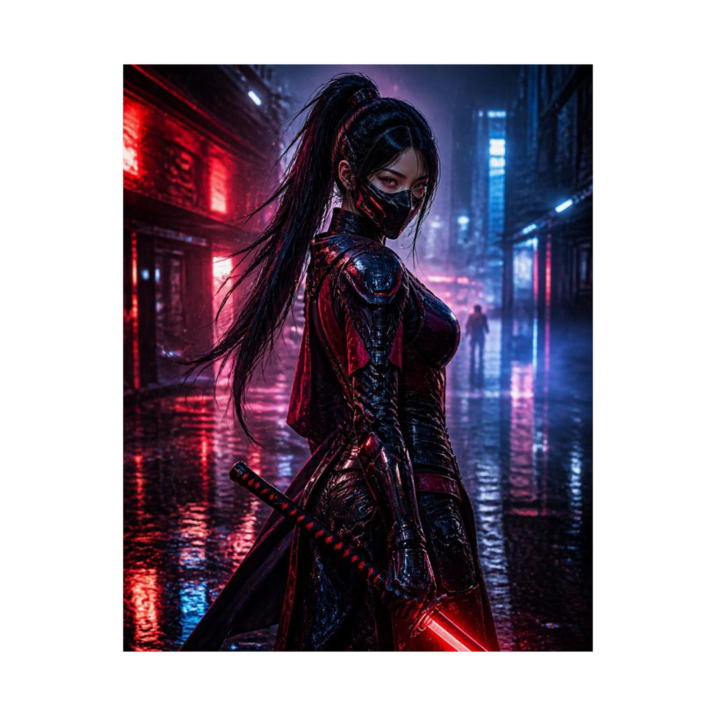 Cyberpunk Samurai Poster — Neon Night Female Warrior Vertical Print