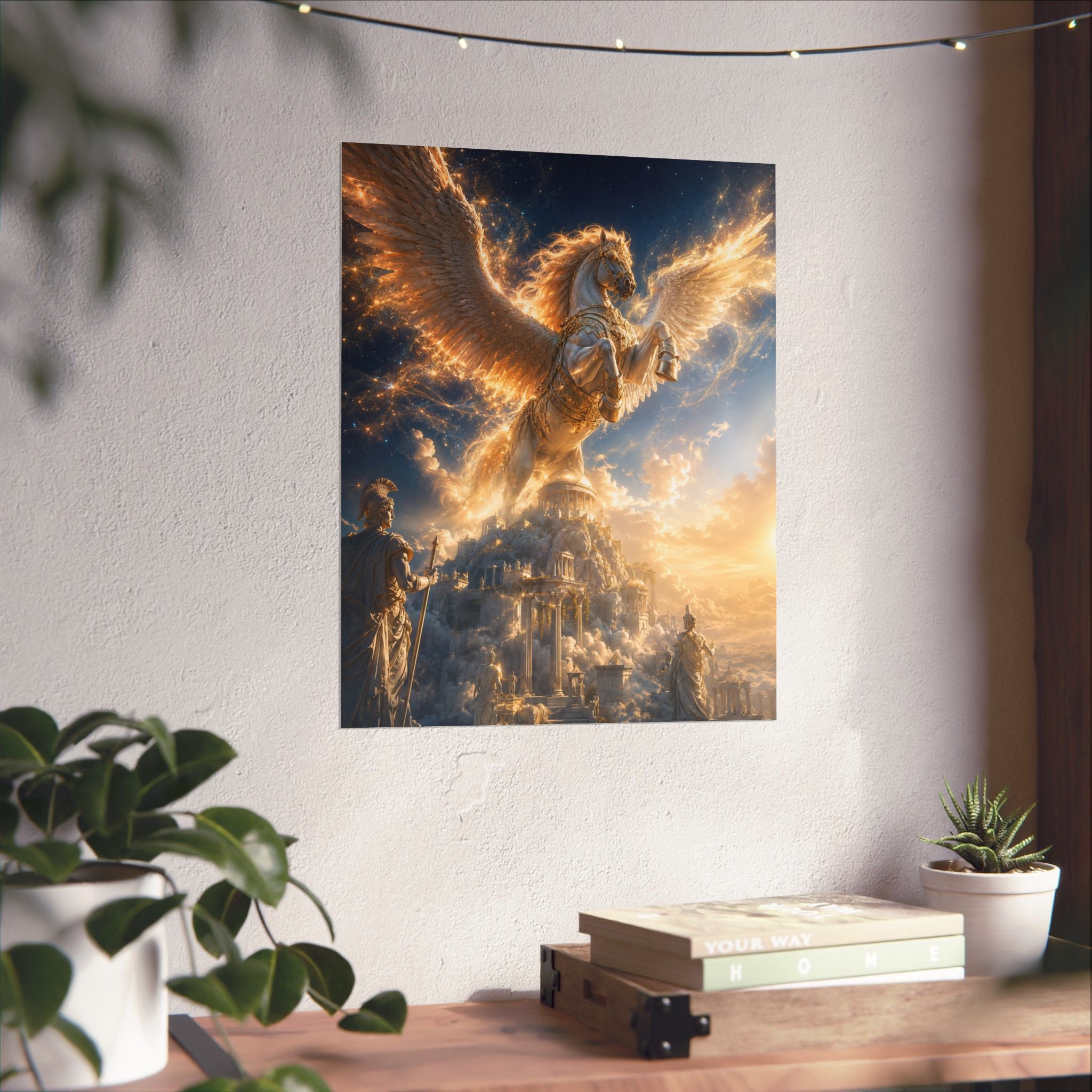 Golden Pegasus Fantasy Matte Vertical Poster | Mythical Winged Horse Wall Art