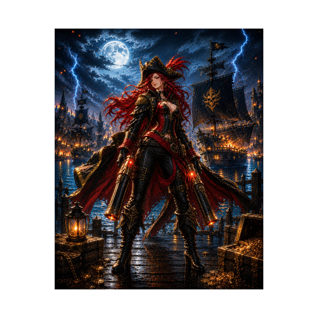 Crimson Pirate Witch Gaming Poster — Gothic Fantasy Gaming Wall Art