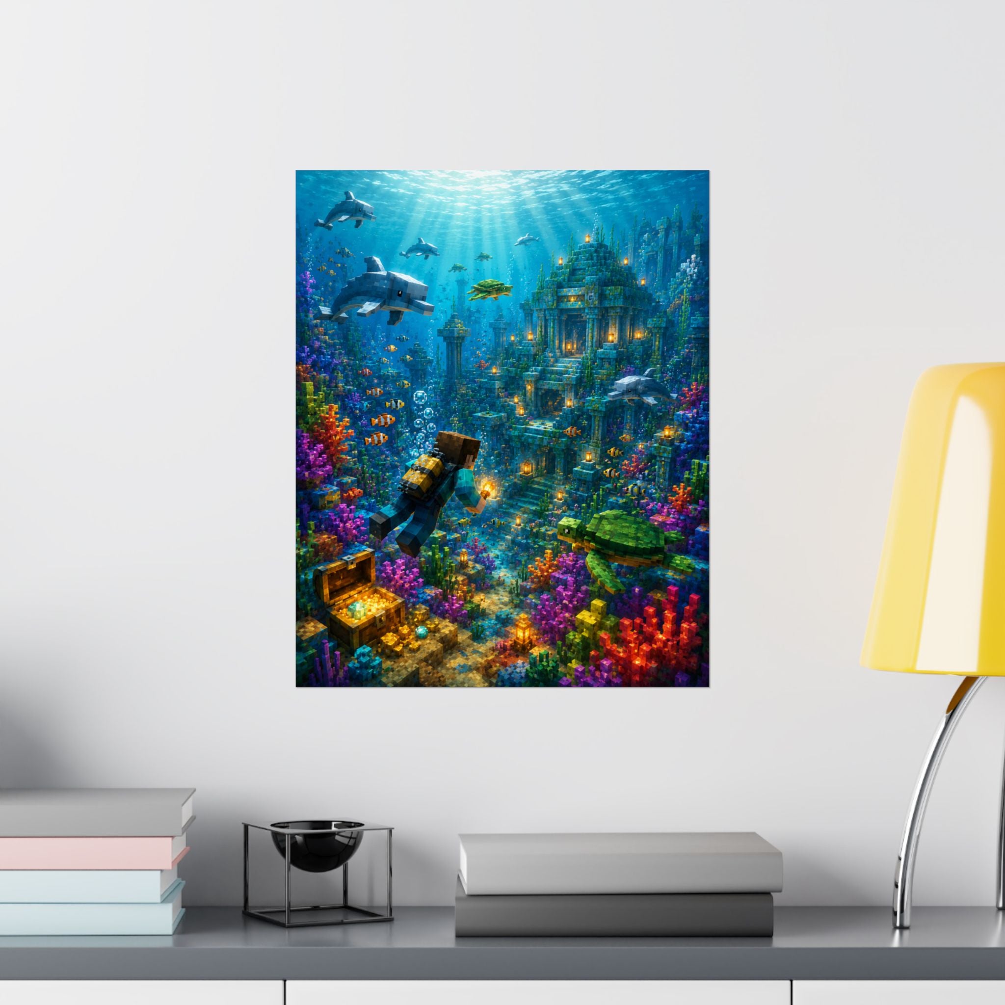 Underwater Treasure Poster — Sunlit Ocean Ruins Matte Vertical Art