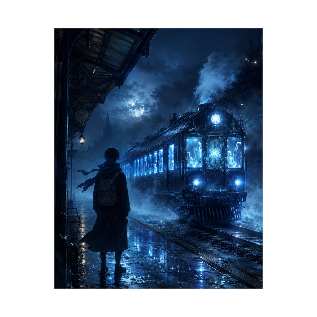 Mystic Night Train Matte Vertical Poster | Blue Moon, Foggy Platform