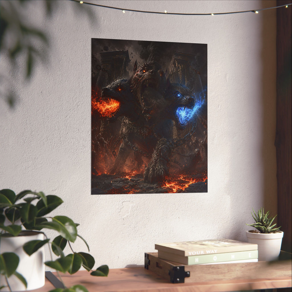 Three-Headed Cerberus Matte Vertical Poster | Fire and Ice Mythic Creature