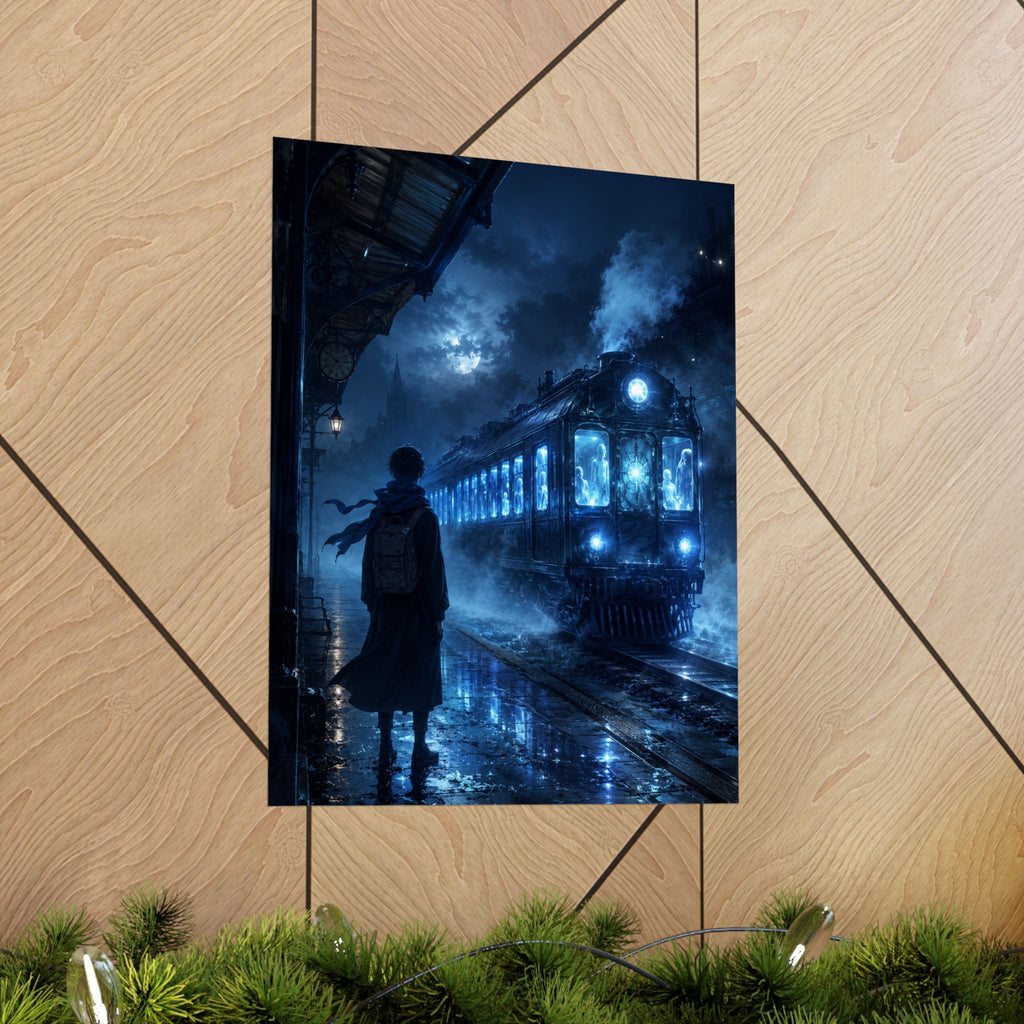 Mystic Night Train Matte Vertical Poster | Blue Moon, Foggy Platform