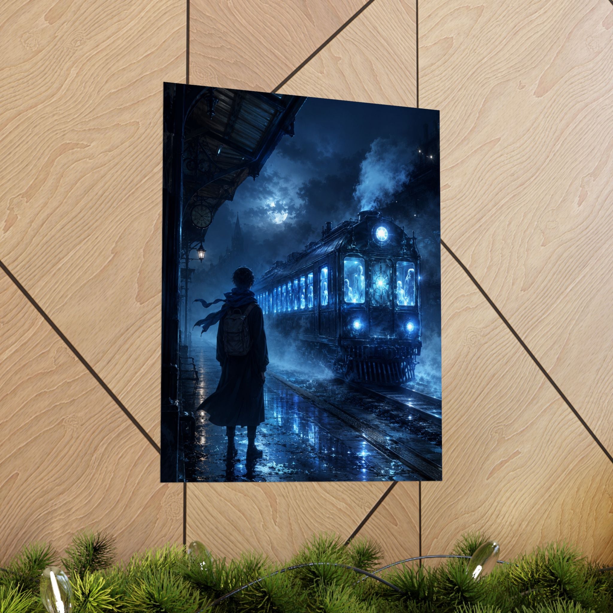 Mystic Night Train Matte Vertical Poster | Blue Moon, Foggy Platform