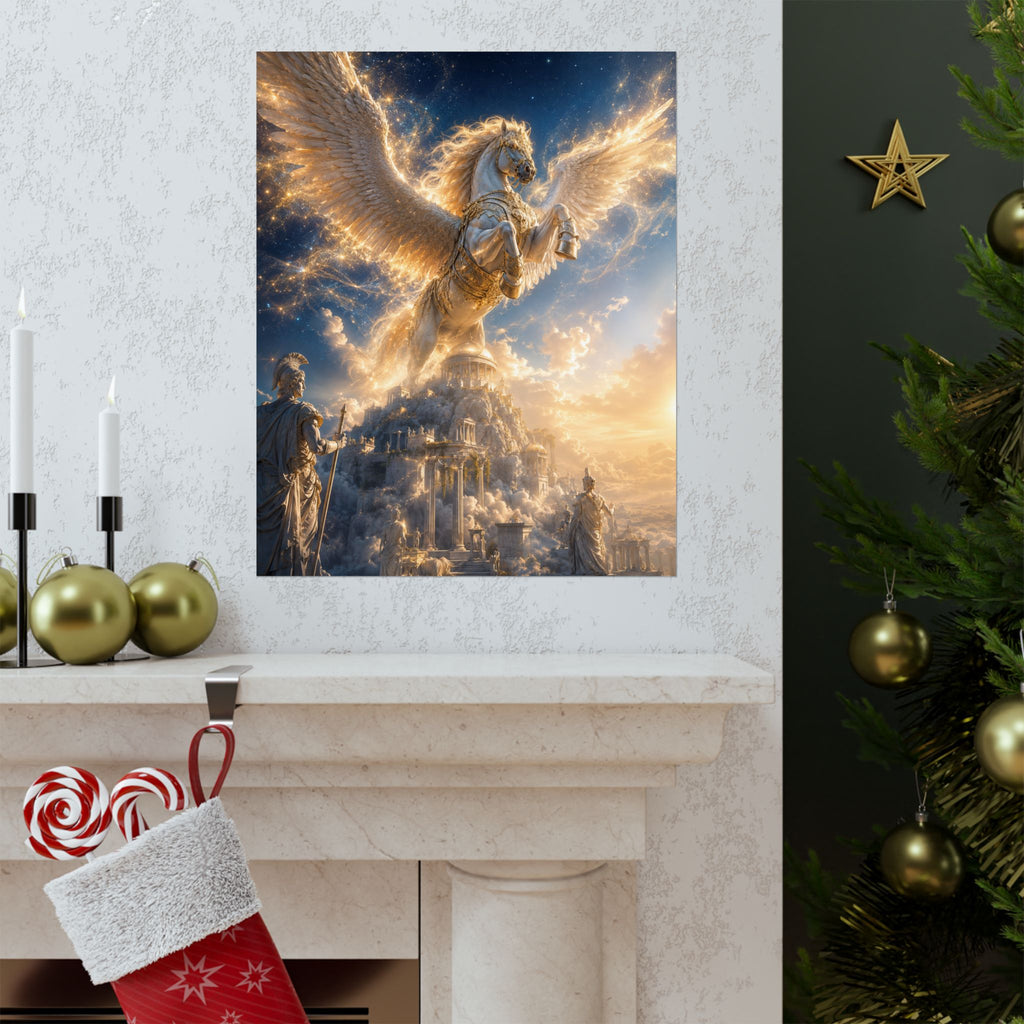 Golden Pegasus Fantasy Matte Vertical Poster | Mythical Winged Horse Wall Art