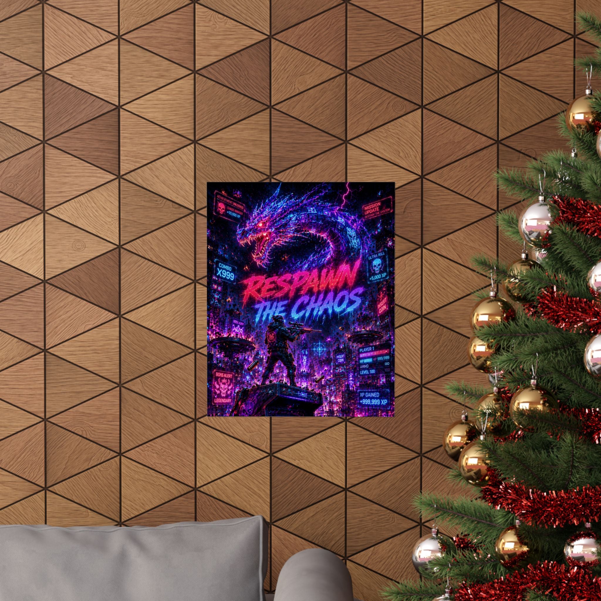 Respawn the Chaos Gaming Poster — Neon Cyberpunk Dragon Gaming Art