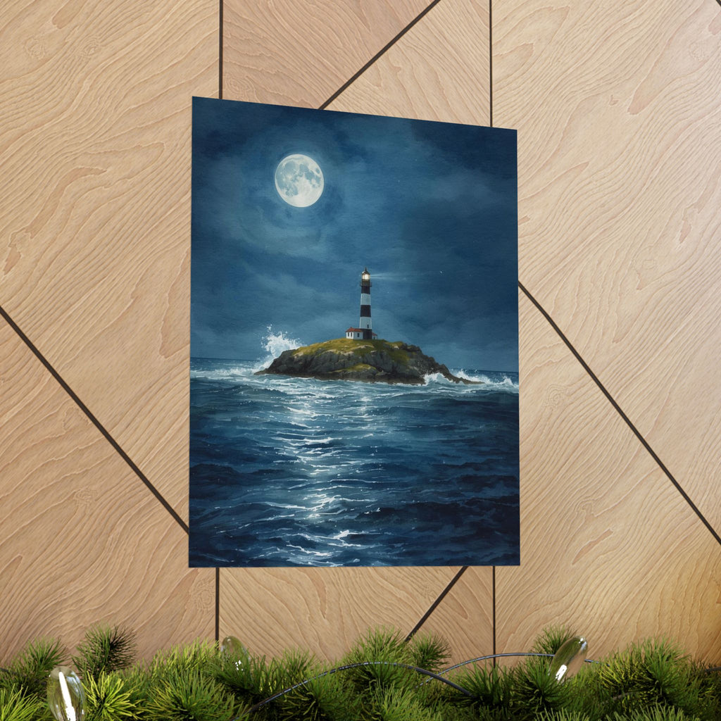 Moonlit Lighthouse Poster, Nautical Wall Art, Coastal Home Decor, Maritime Gift, Seaside Artwork, Ocean Lover's Decor