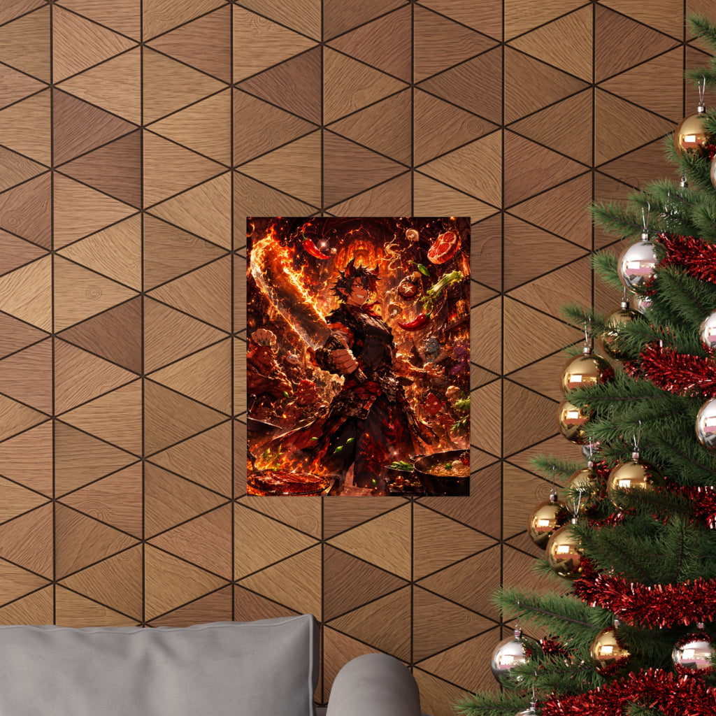Fiery Anime Chef Matte Vertical Poster | Spicy Cooking Illustration